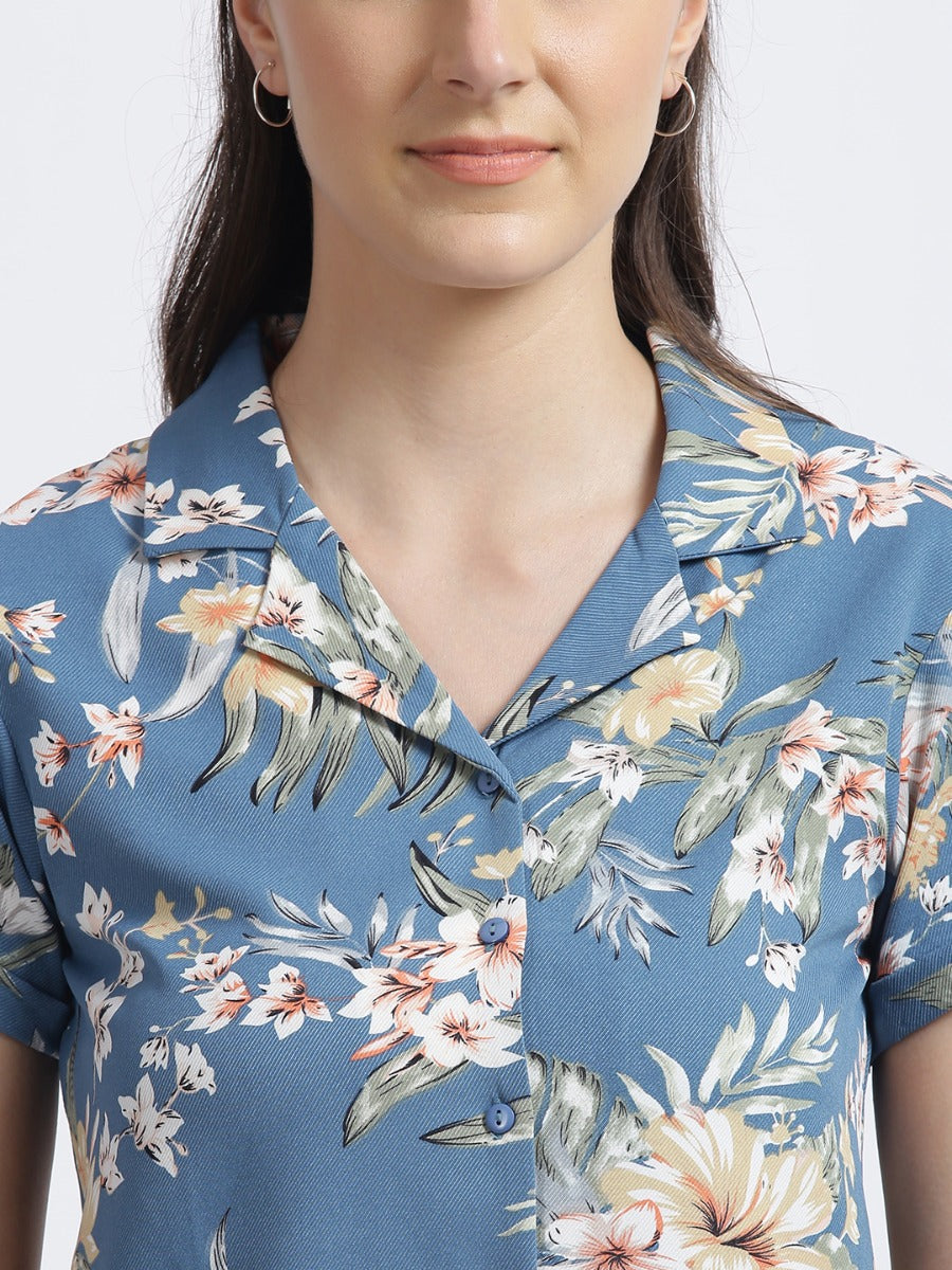 Teal Tropical Print Regular Shirt