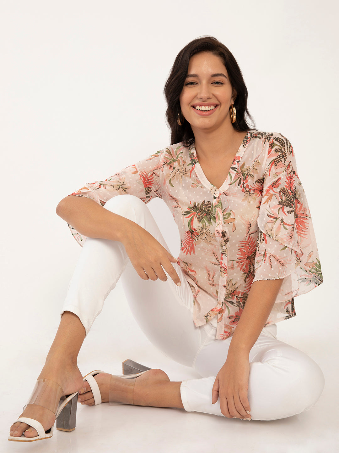 Pink Floral Print Flared Sleeve Top