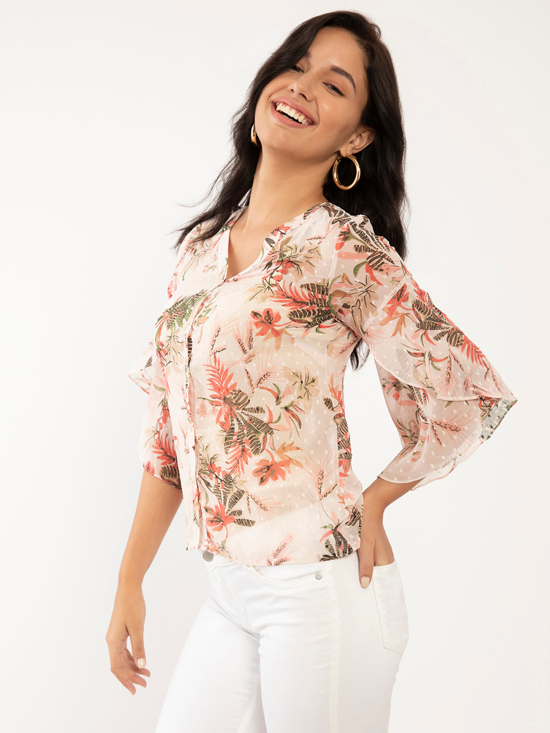 Pink Floral Print Flared Sleeve Top