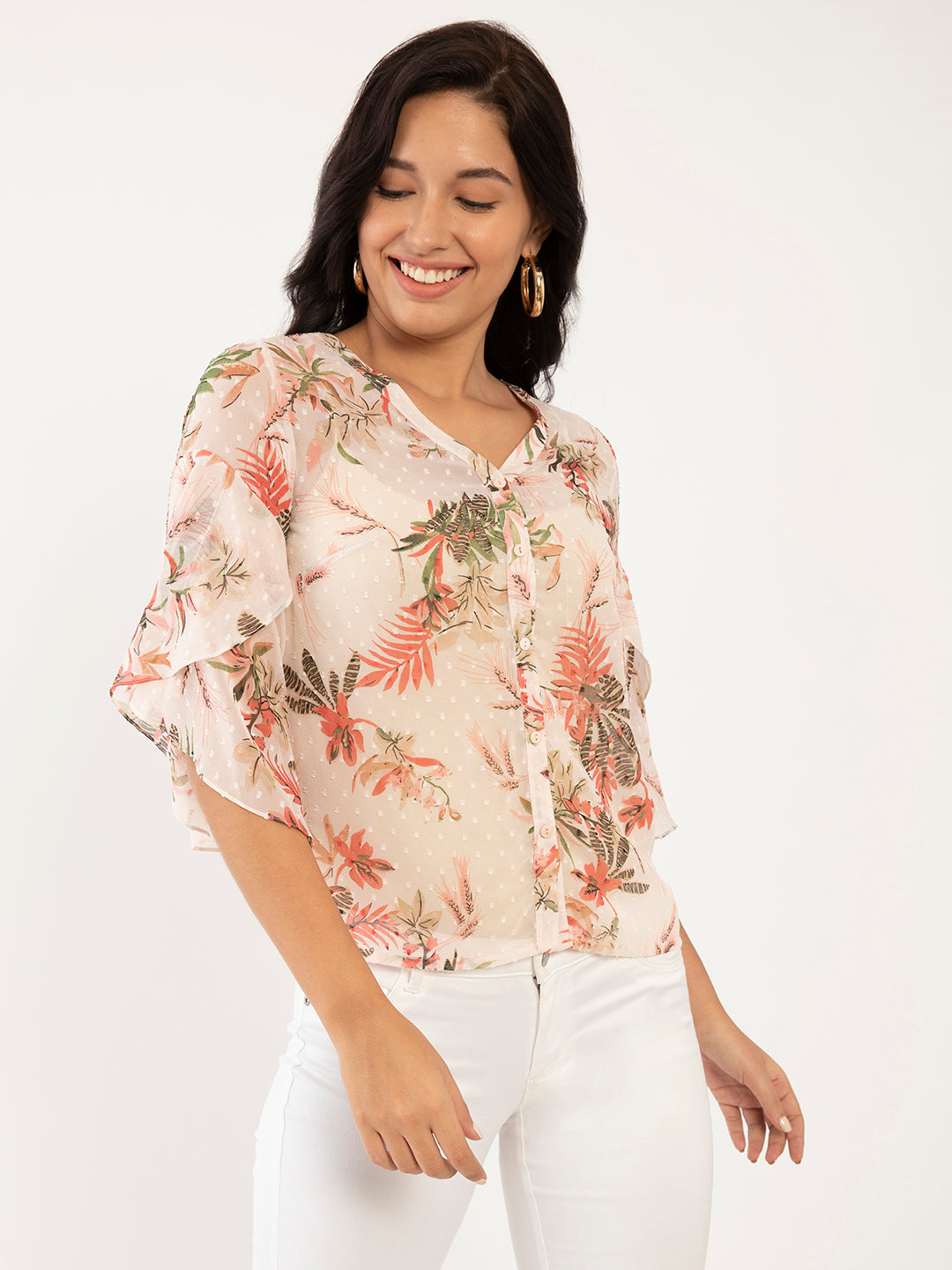 Pink Floral Print Flared Sleeve Top