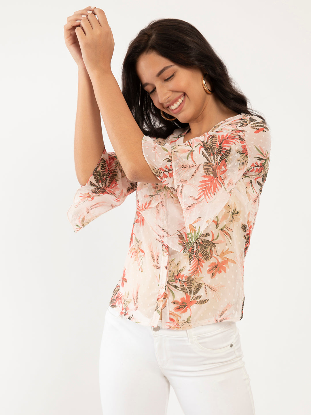 Pink Floral Print Flared Sleeve Top