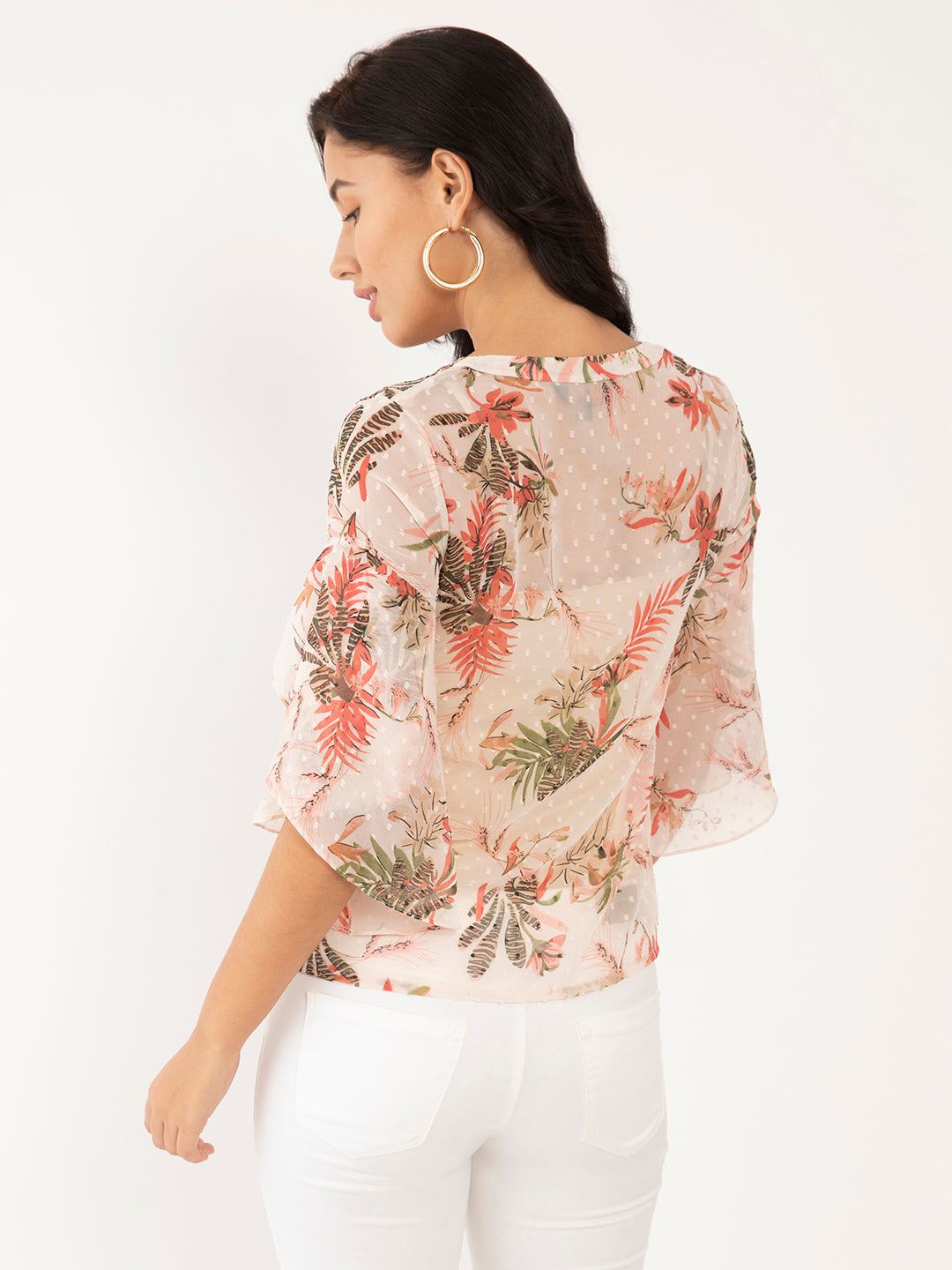 Pink Floral Print Flared Sleeve Top