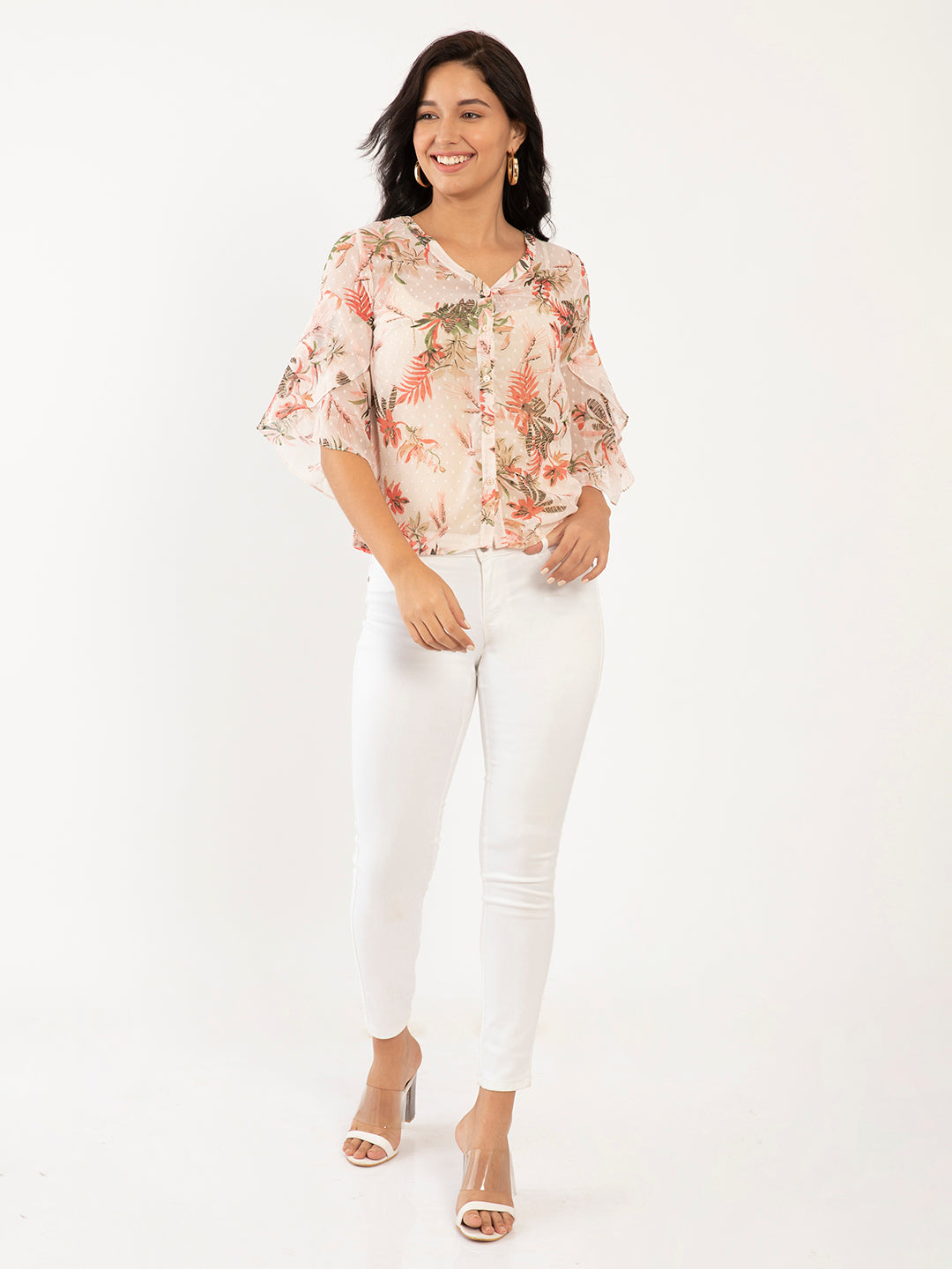 Pink Floral Print Flared Sleeve Top