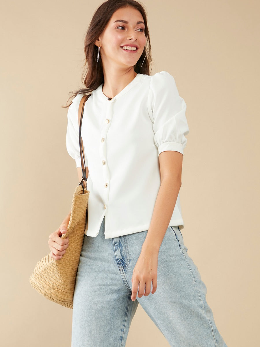 White Solid Shirt Style Top