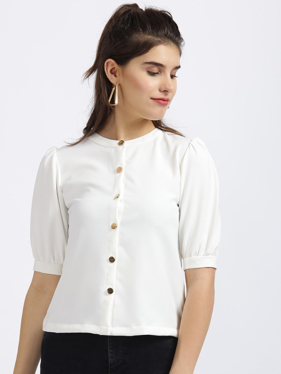 White Solid Shirt Style Top