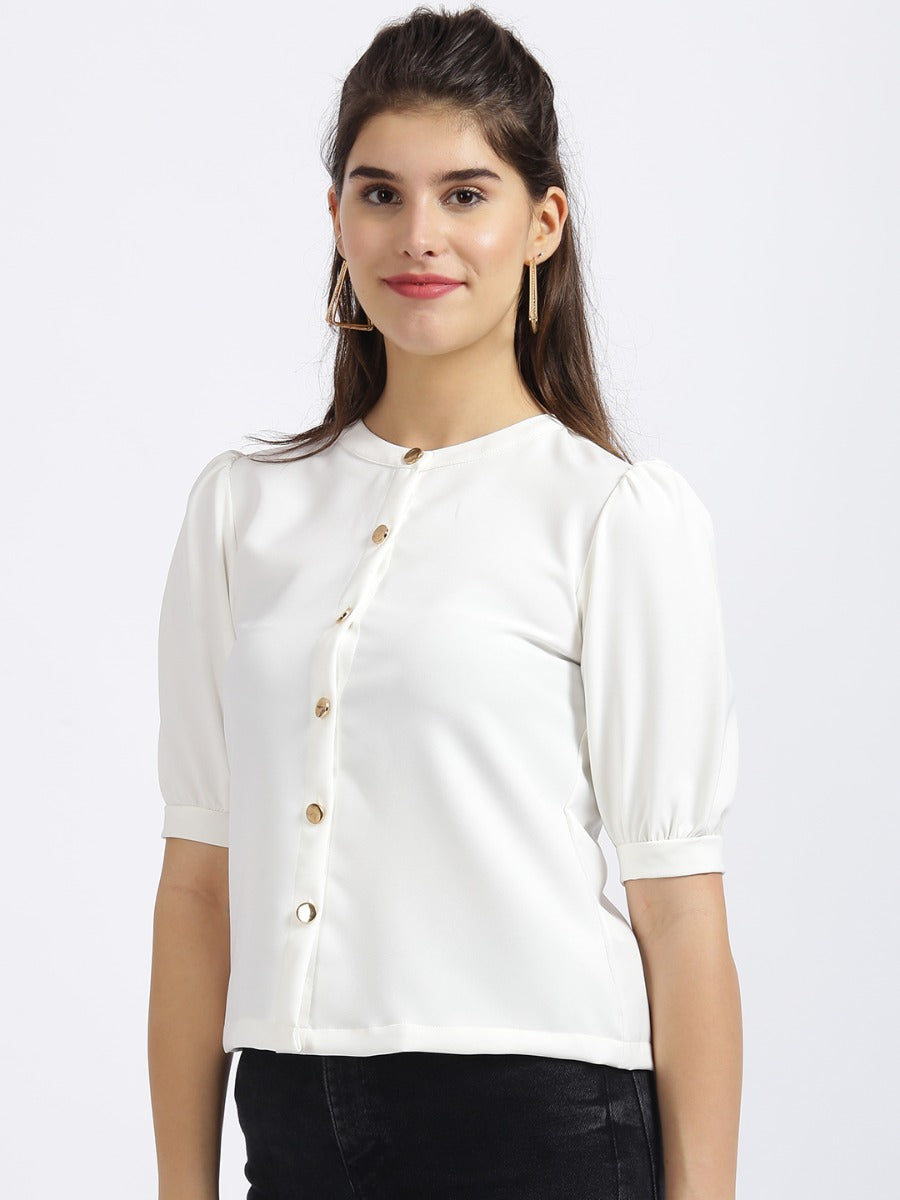 White Solid Shirt Style Top