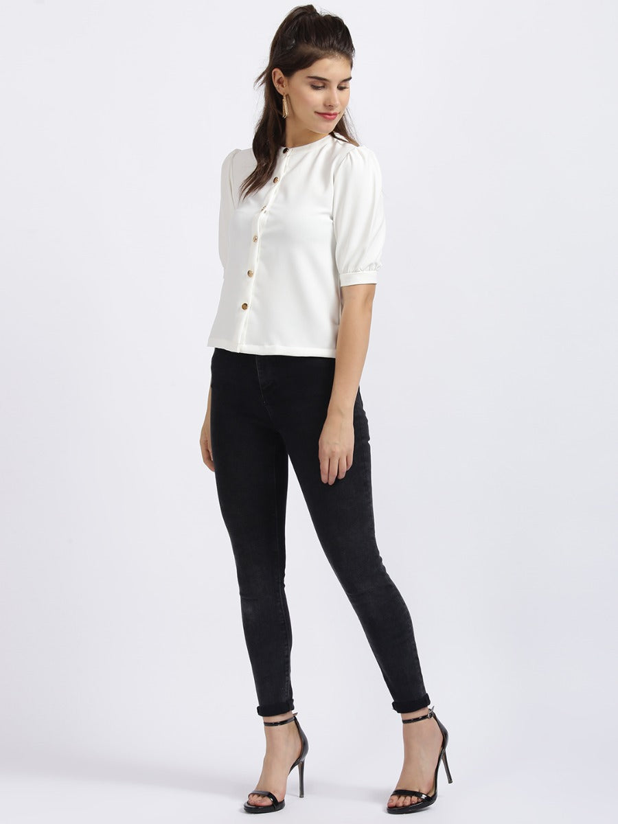 White Solid Shirt Style Top