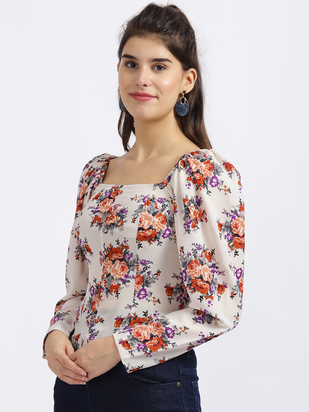 Off White Floral Print Regular Top