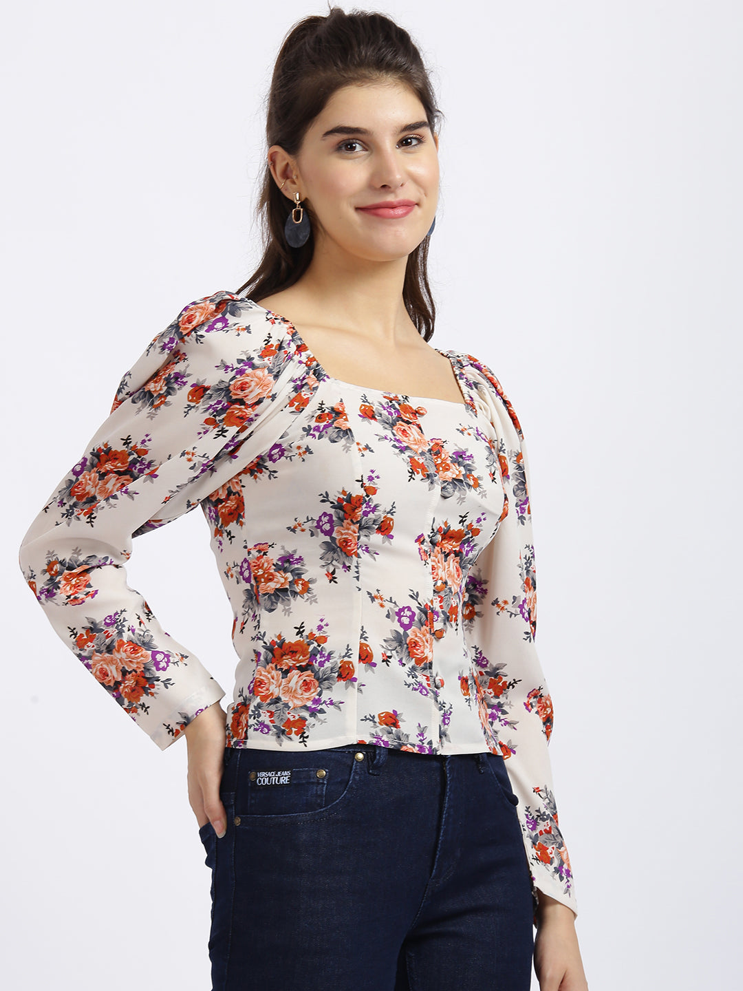 Off White Floral Print Regular Top