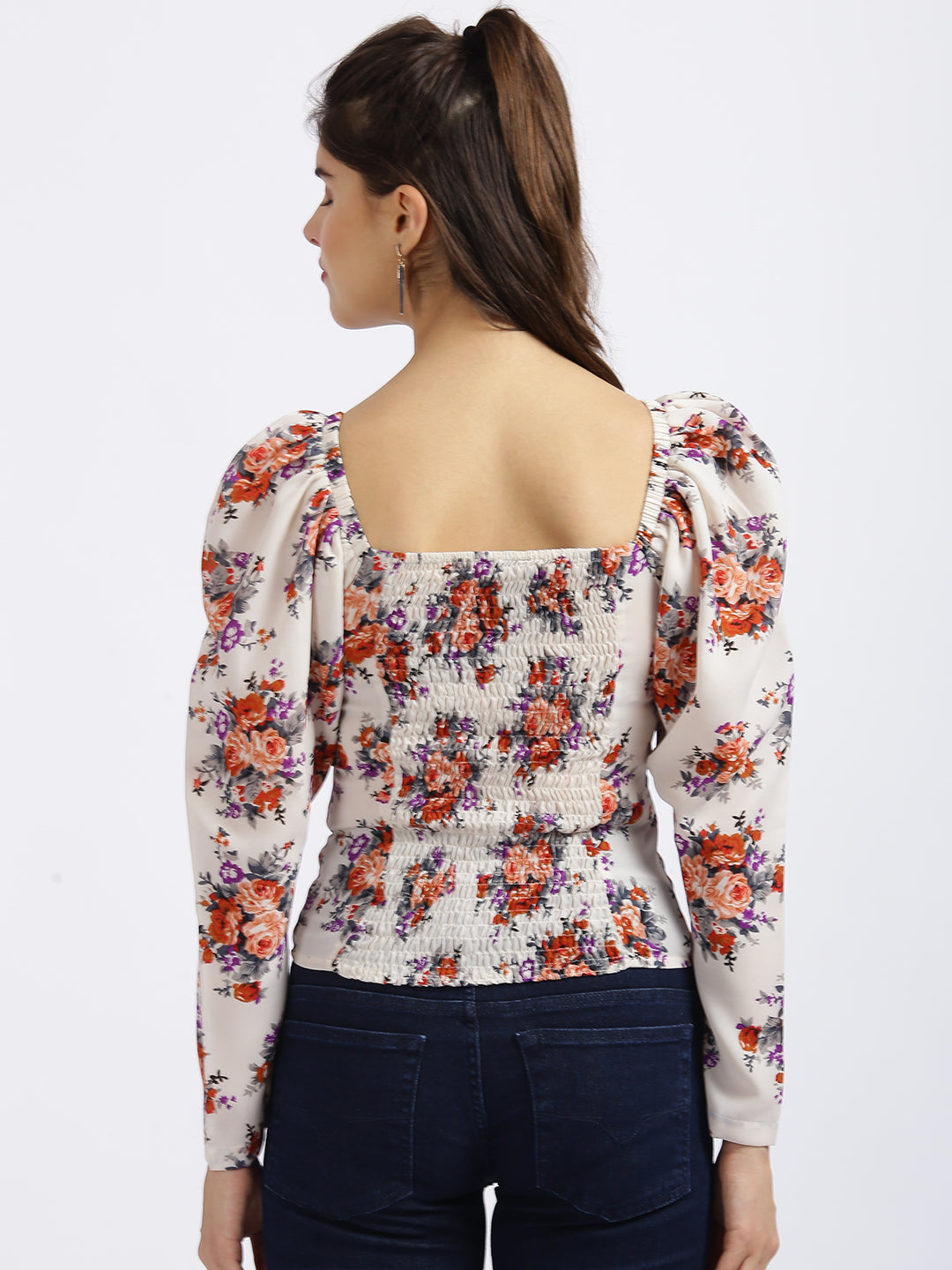 Off White Floral Print Regular Top