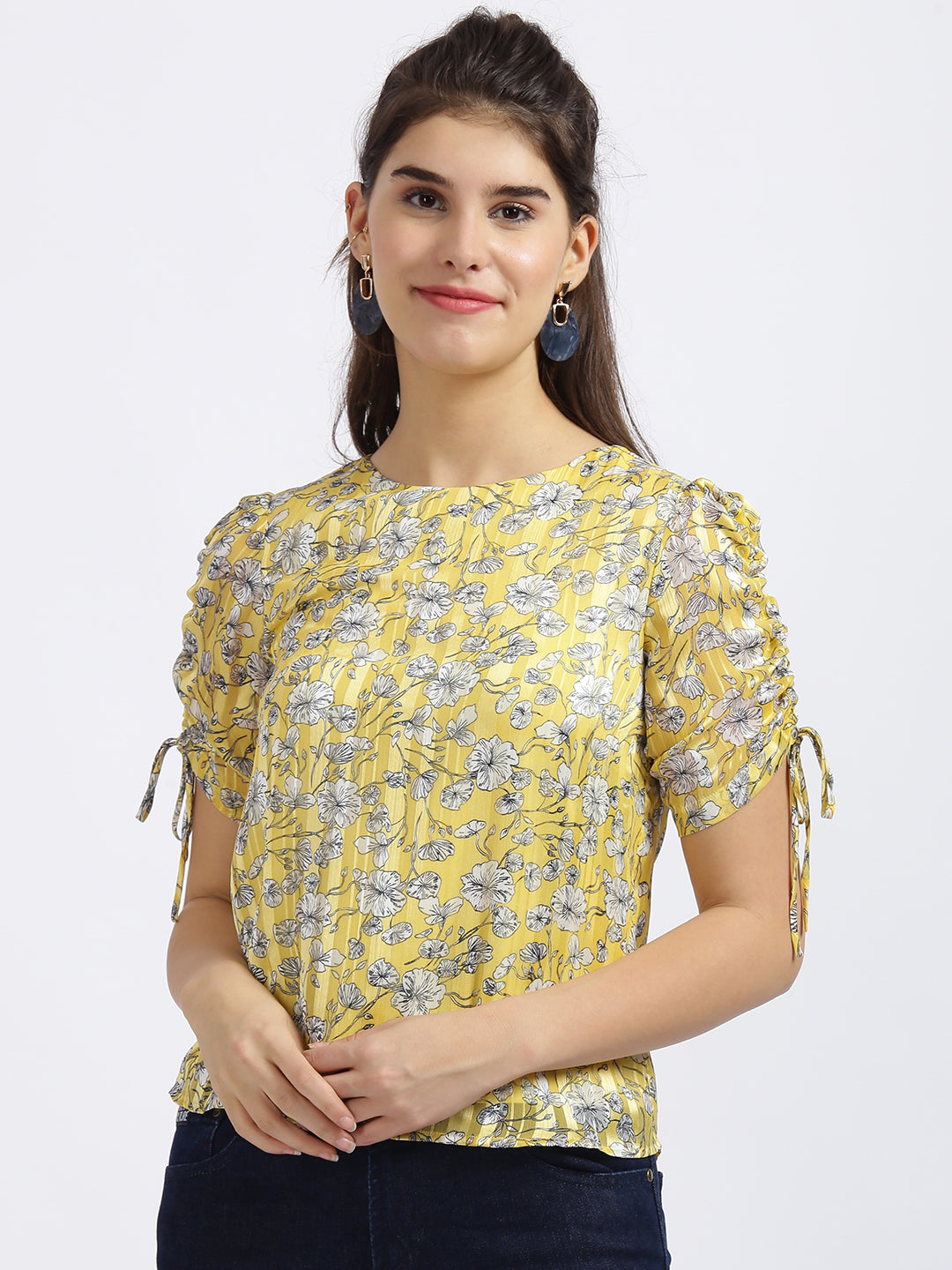 Yellow Floral Print Tie-Up Top