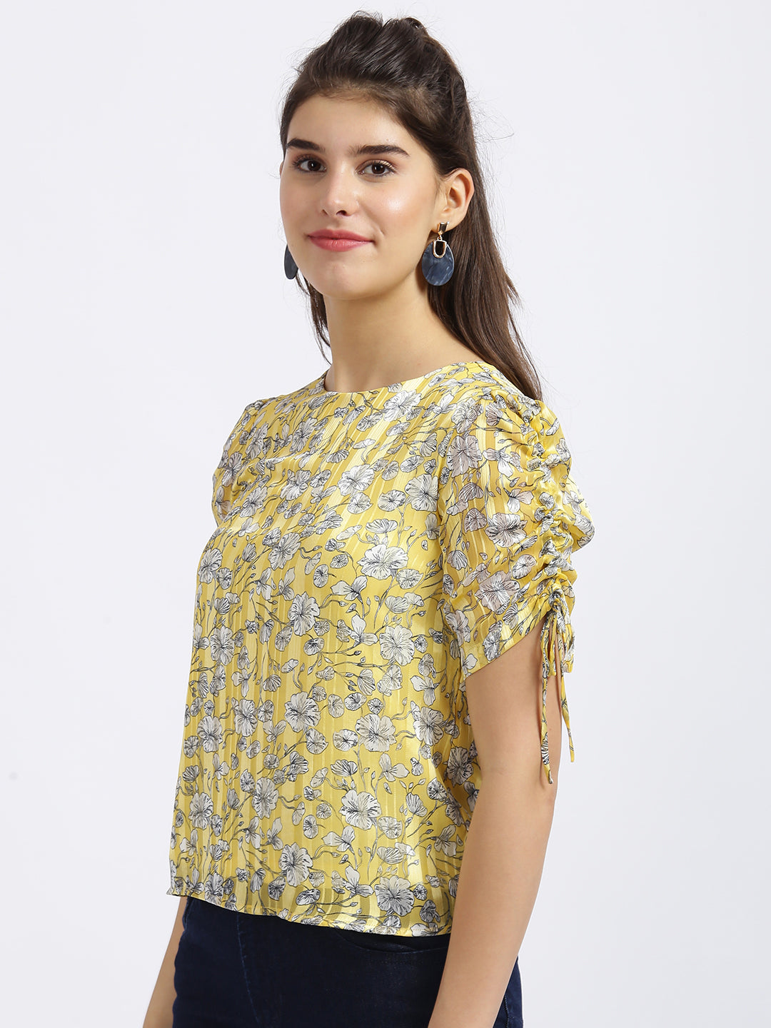 Yellow Floral Print Tie-Up Top