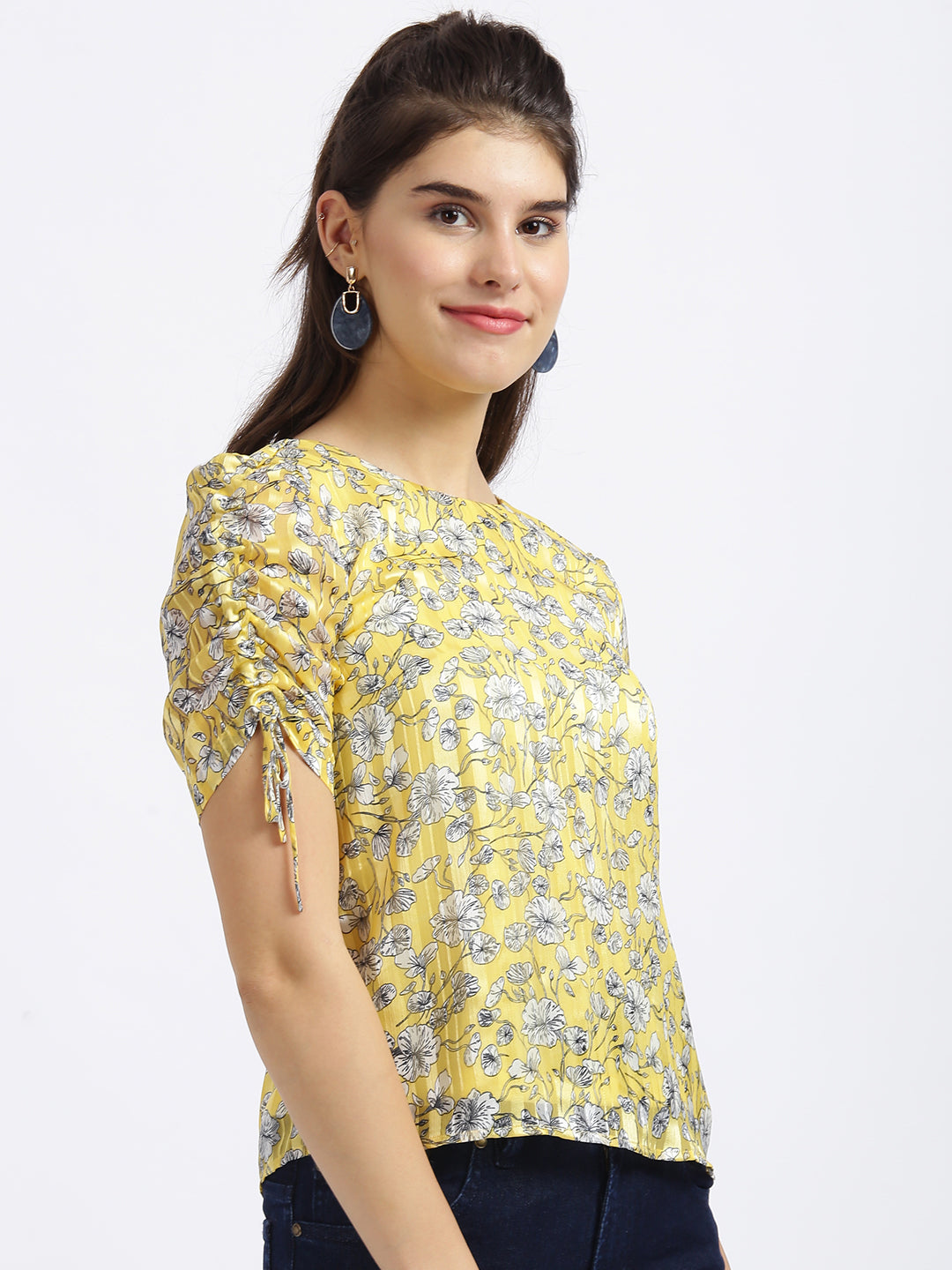 Yellow Floral Print Tie-Up Top