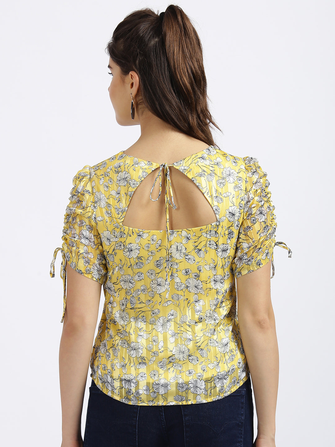 Yellow Floral Print Tie-Up Top