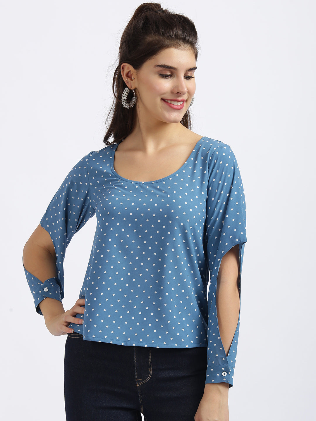 Blue Polka Slit Sleeve Top