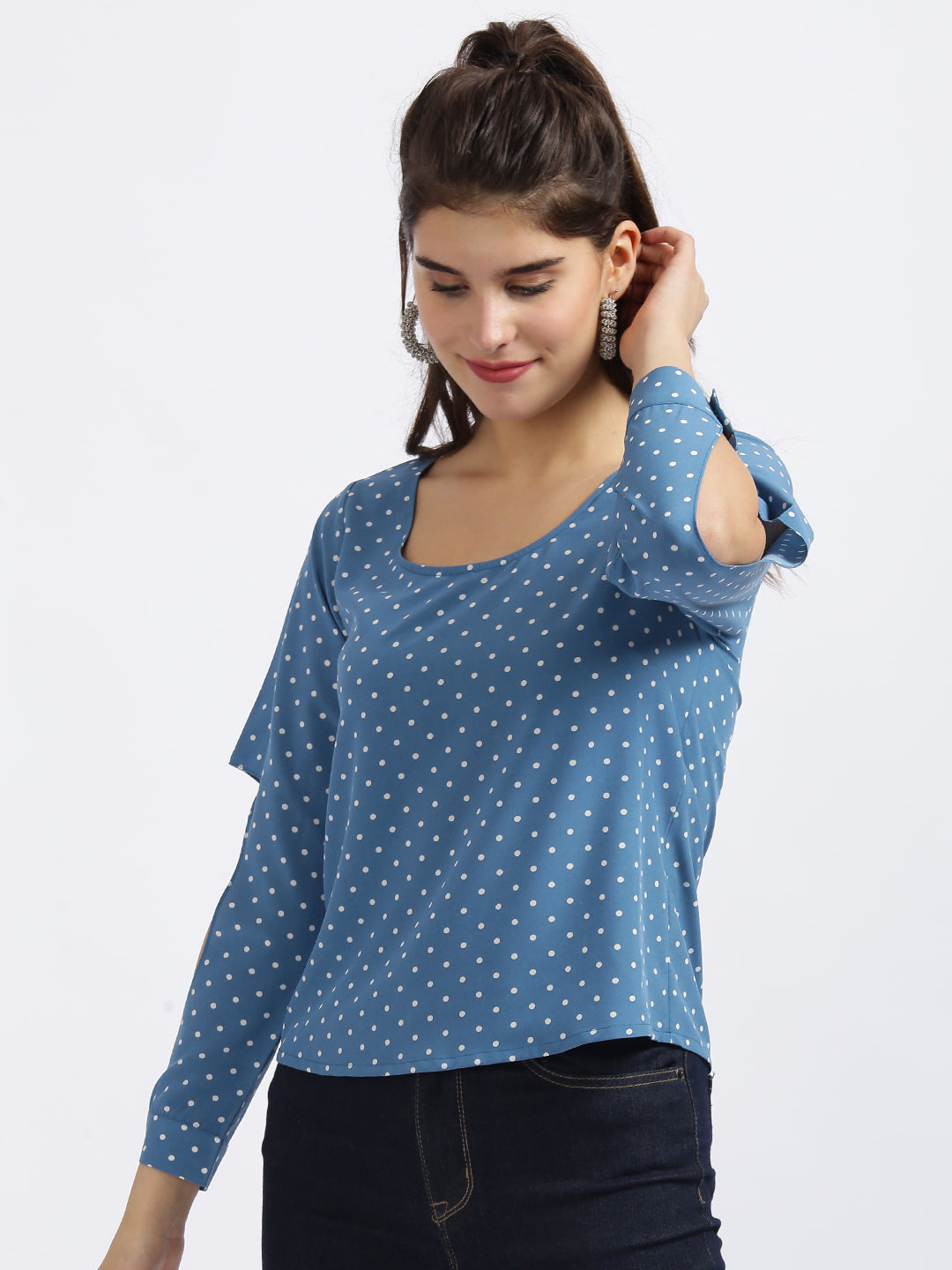 Blue Polka Slit Sleeve Top