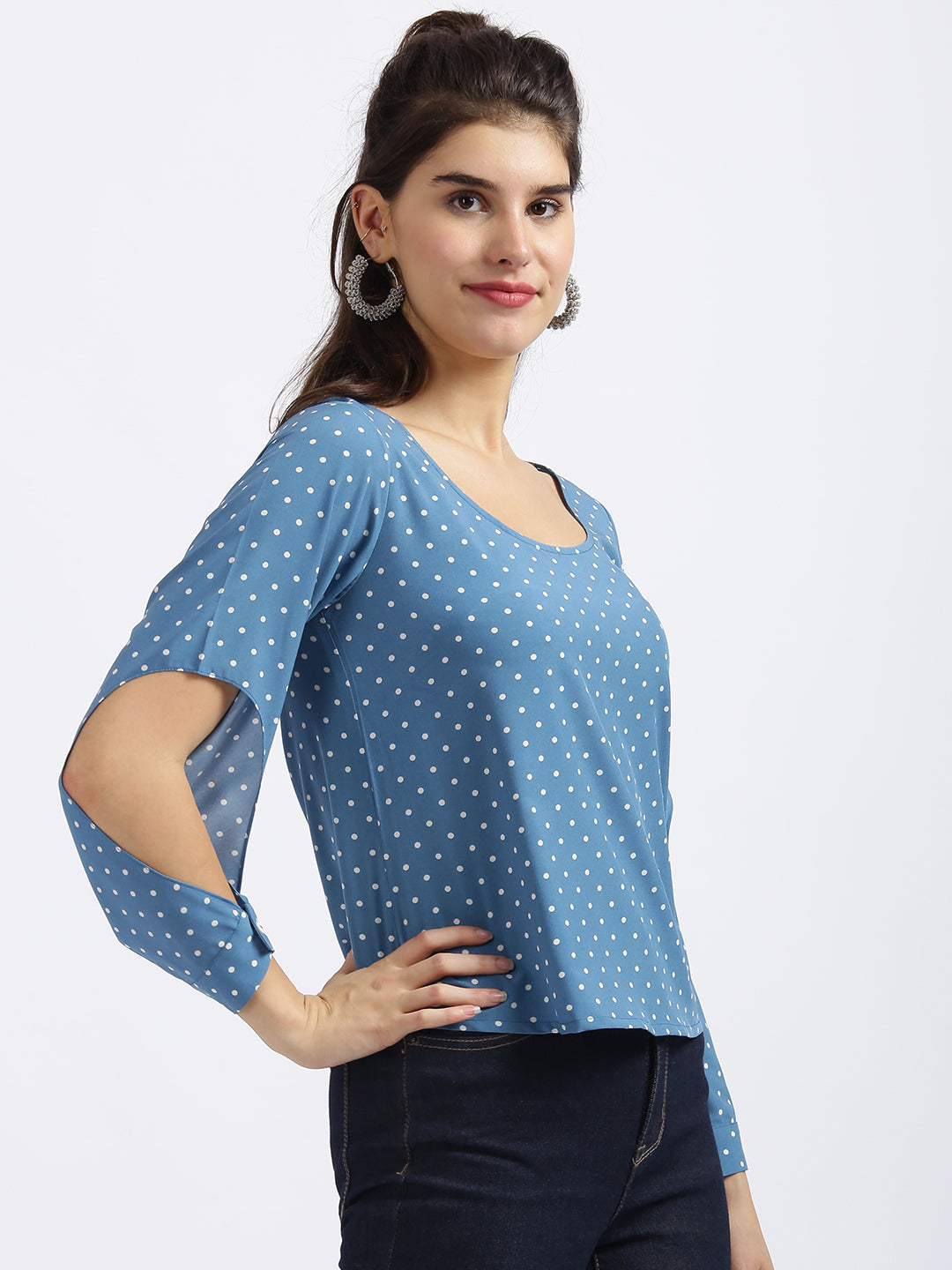 Blue Polka Slit Sleeve Top