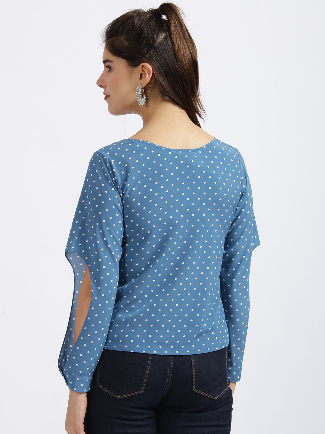 Blue Polka Slit Sleeve Top