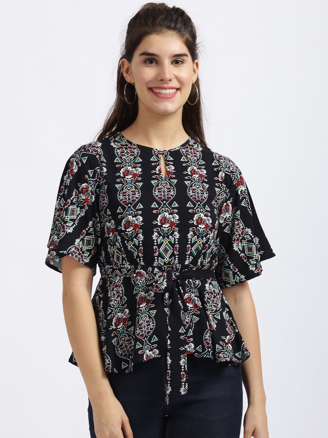 Black Printed Tie-Up Top