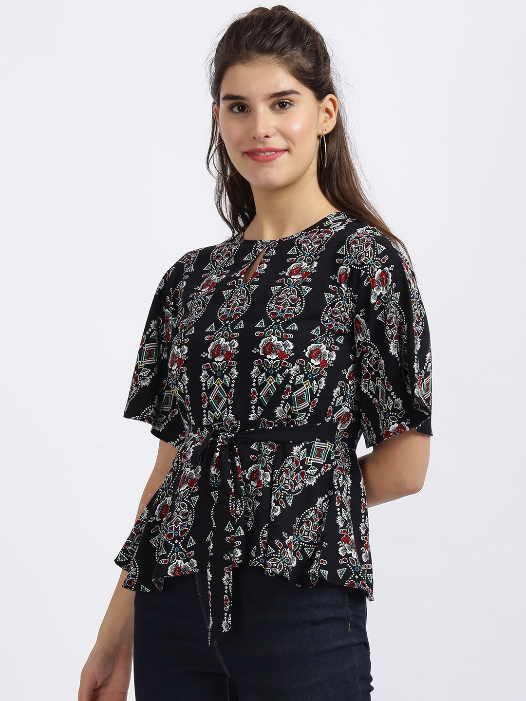 Black Printed Tie-Up Top