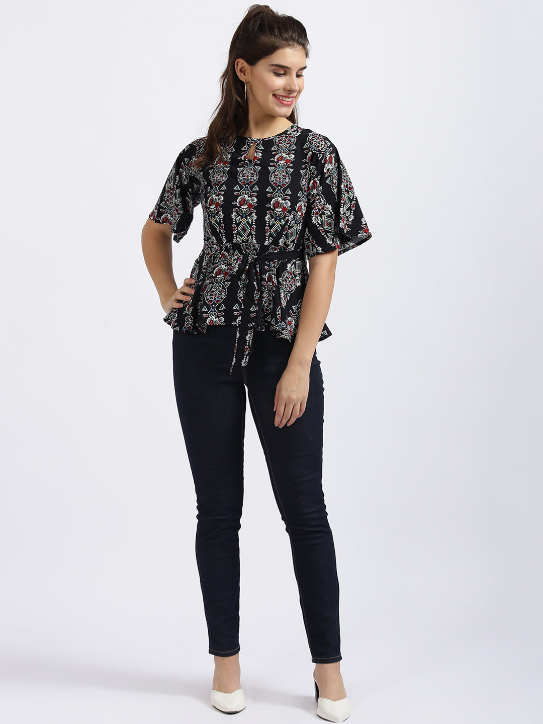 Black Printed Tie-Up Top