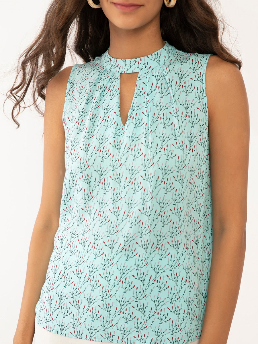 Blue Floral Print Sleeveless Regular Top