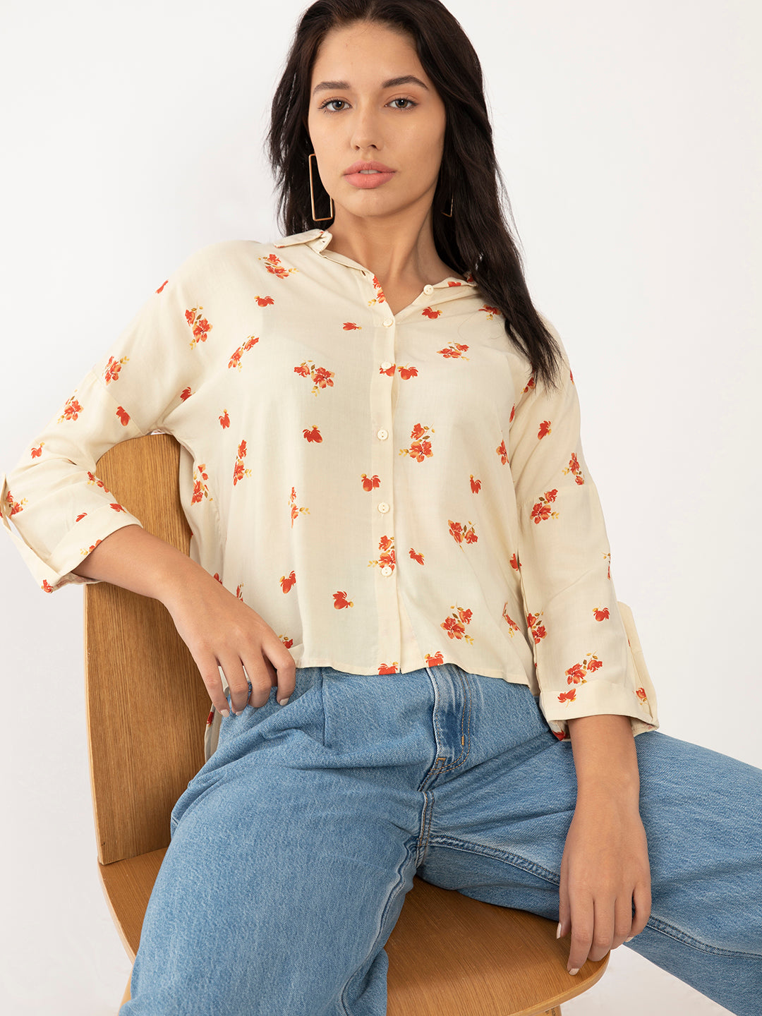 Beige Floral Print Regular Shirt