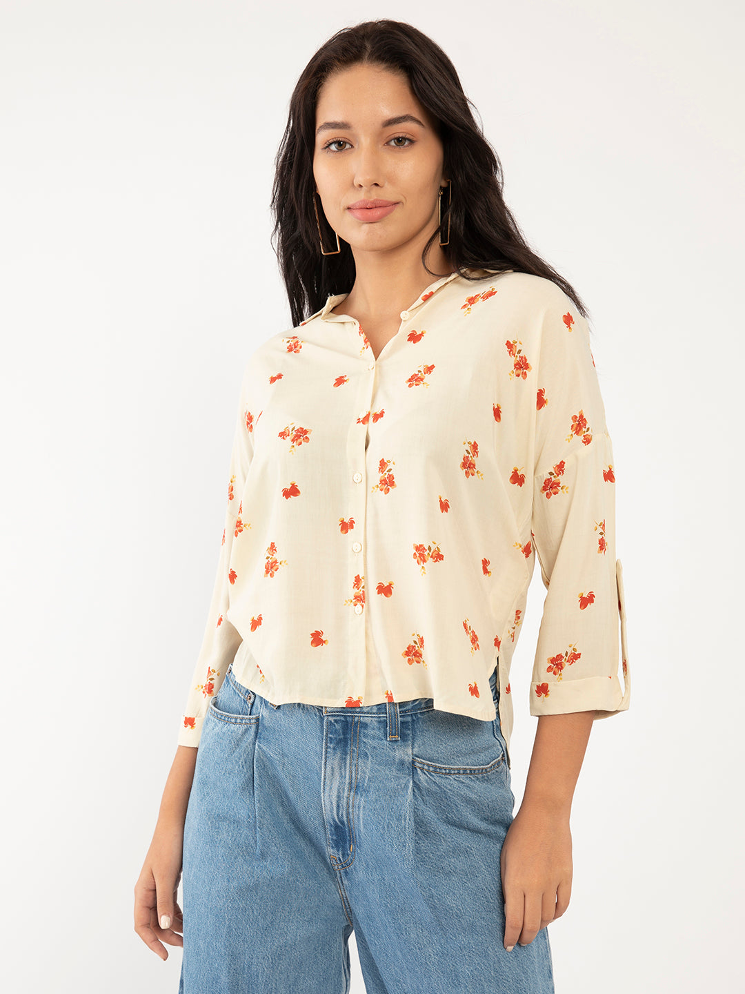 Beige Floral Print Regular Shirt