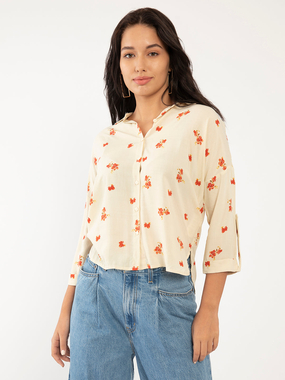 Beige Floral Print Regular Shirt for Women
