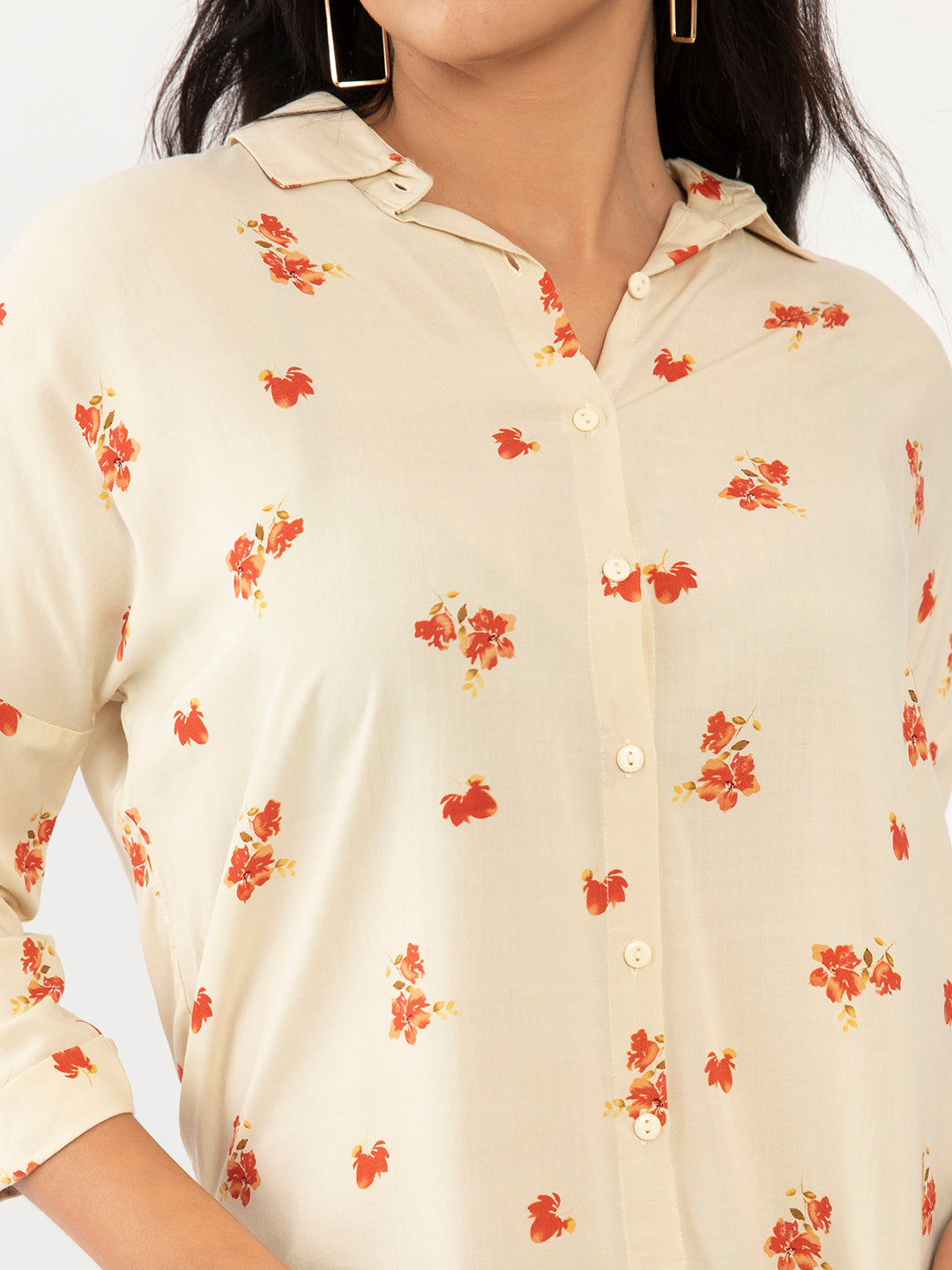 Beige Floral Print Regular Shirt for Women