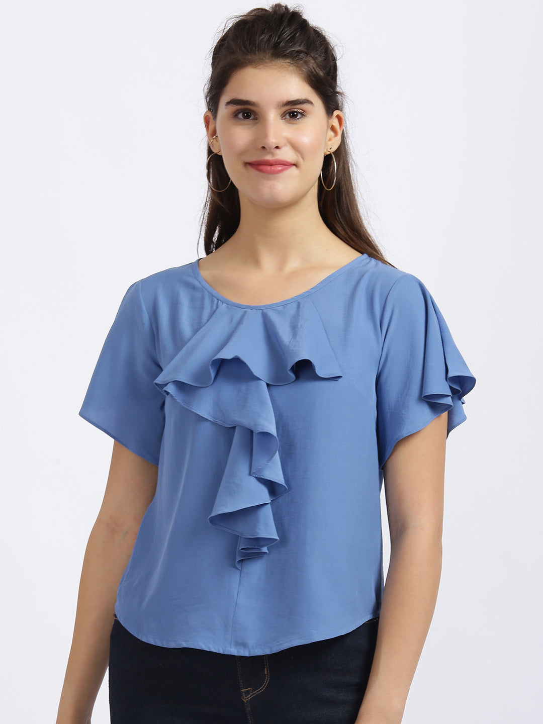 Blue Solid Ruffled Top