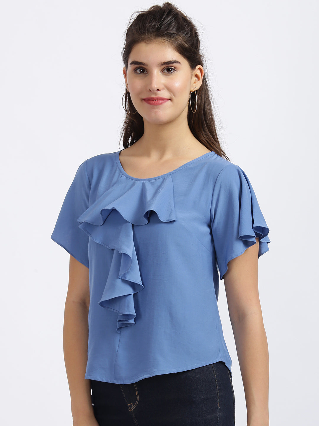 Blue Solid Ruffled Top