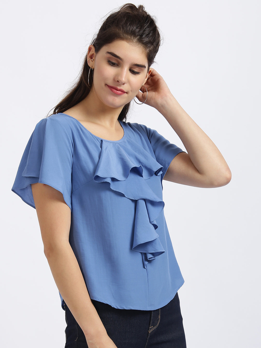 Blue Solid Ruffled Top