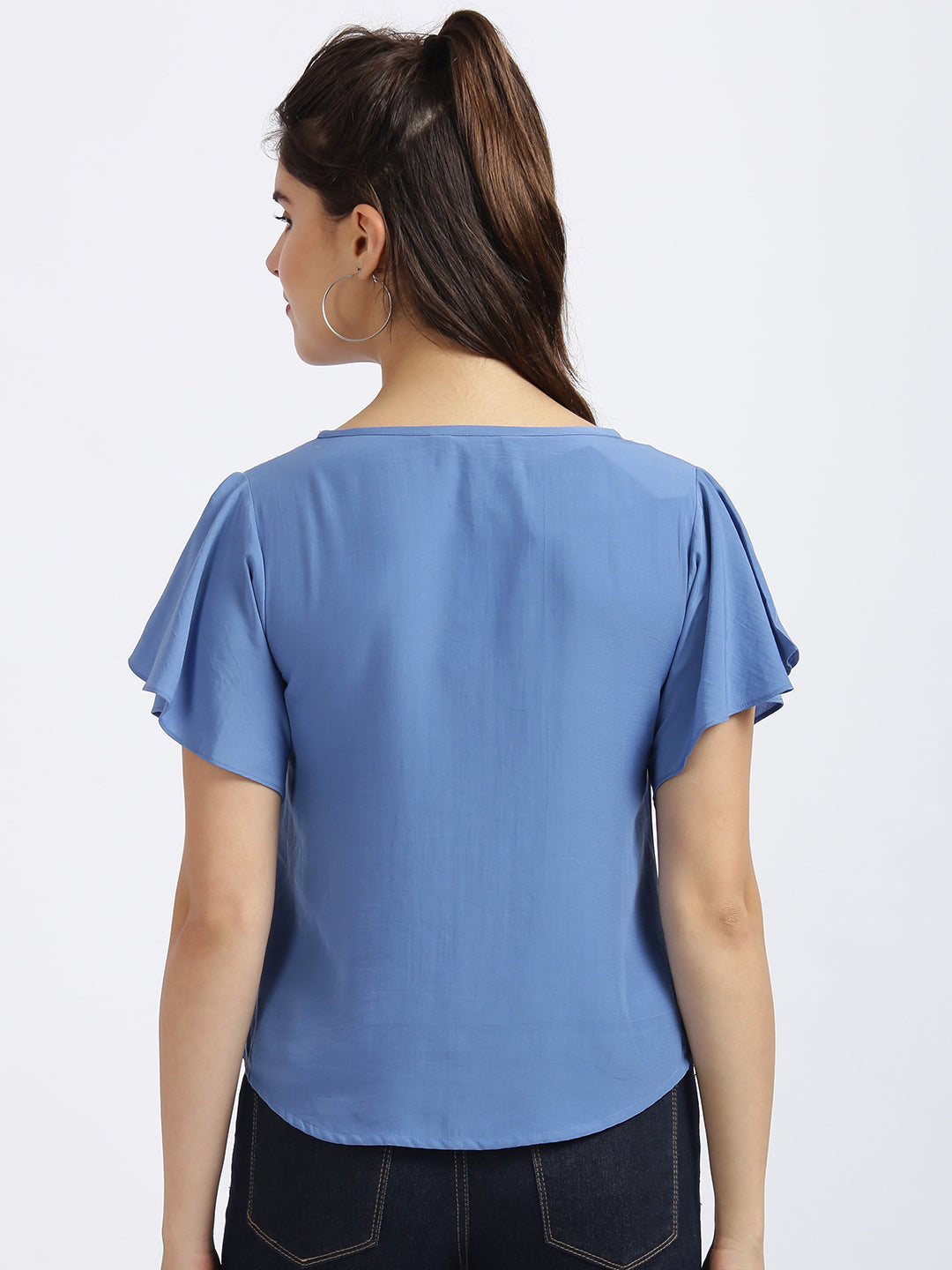 Blue Solid Ruffled Top