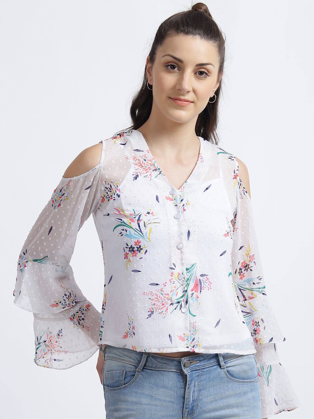 White Floral Print Layered Top