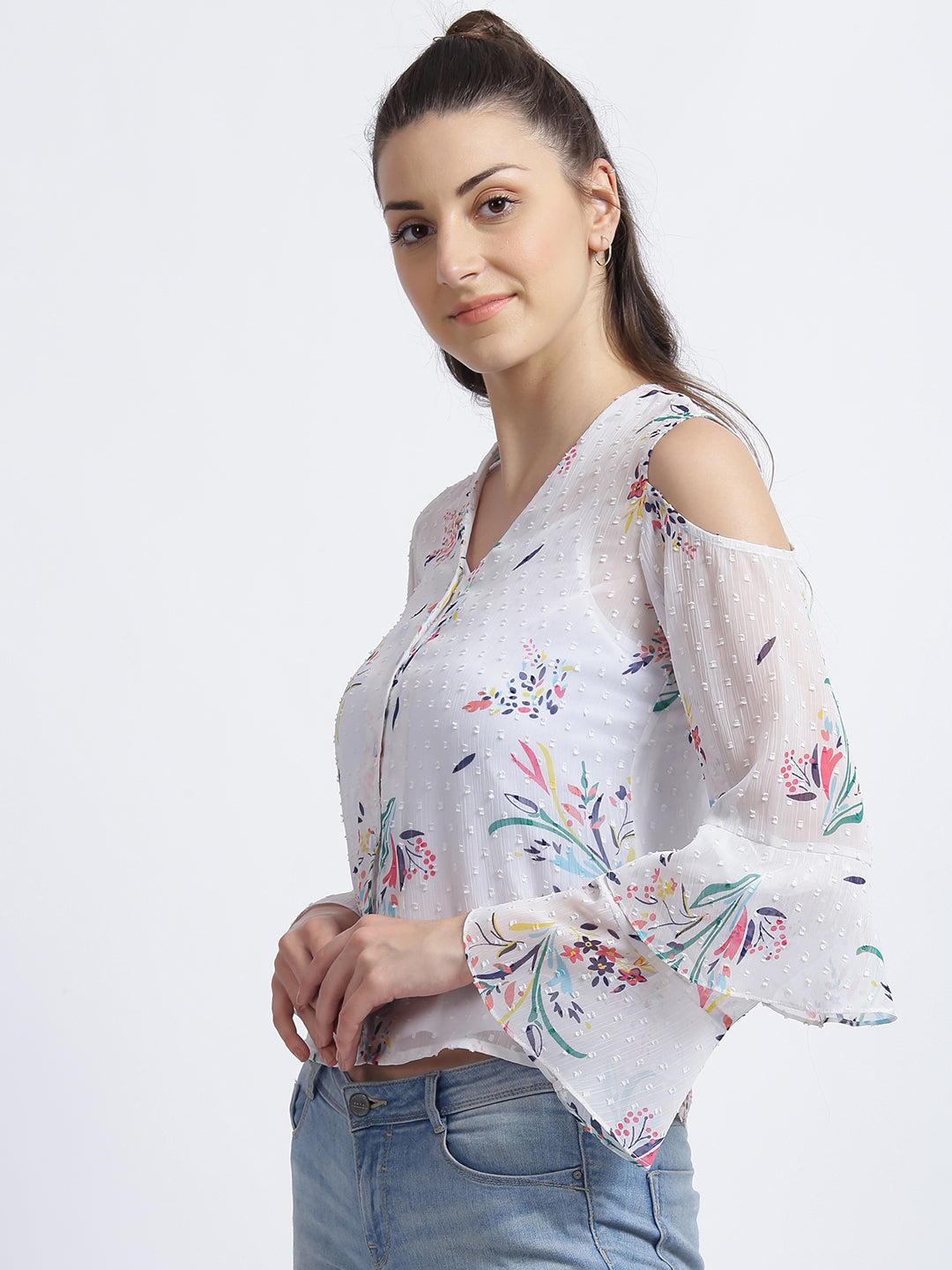 White Floral Print Layered Top