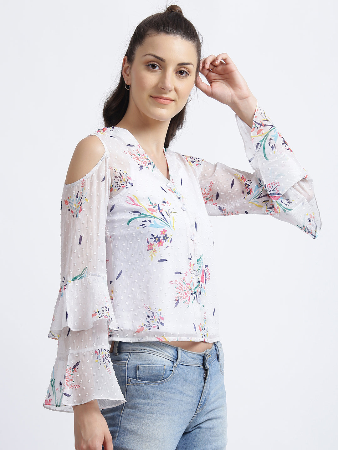 White Floral Print Layered Top