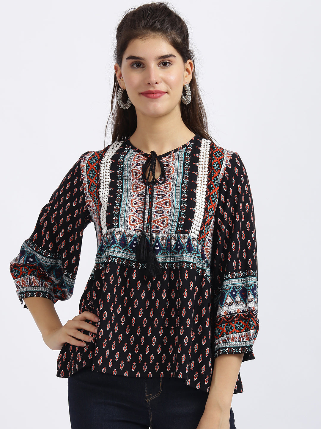 Black Tribal Print Gathered Top