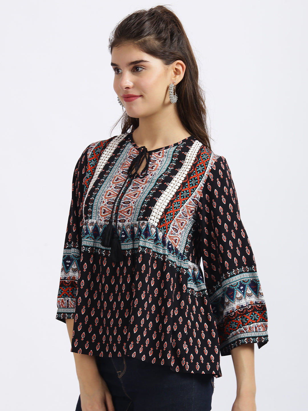 Black Tribal Print Gathered Top