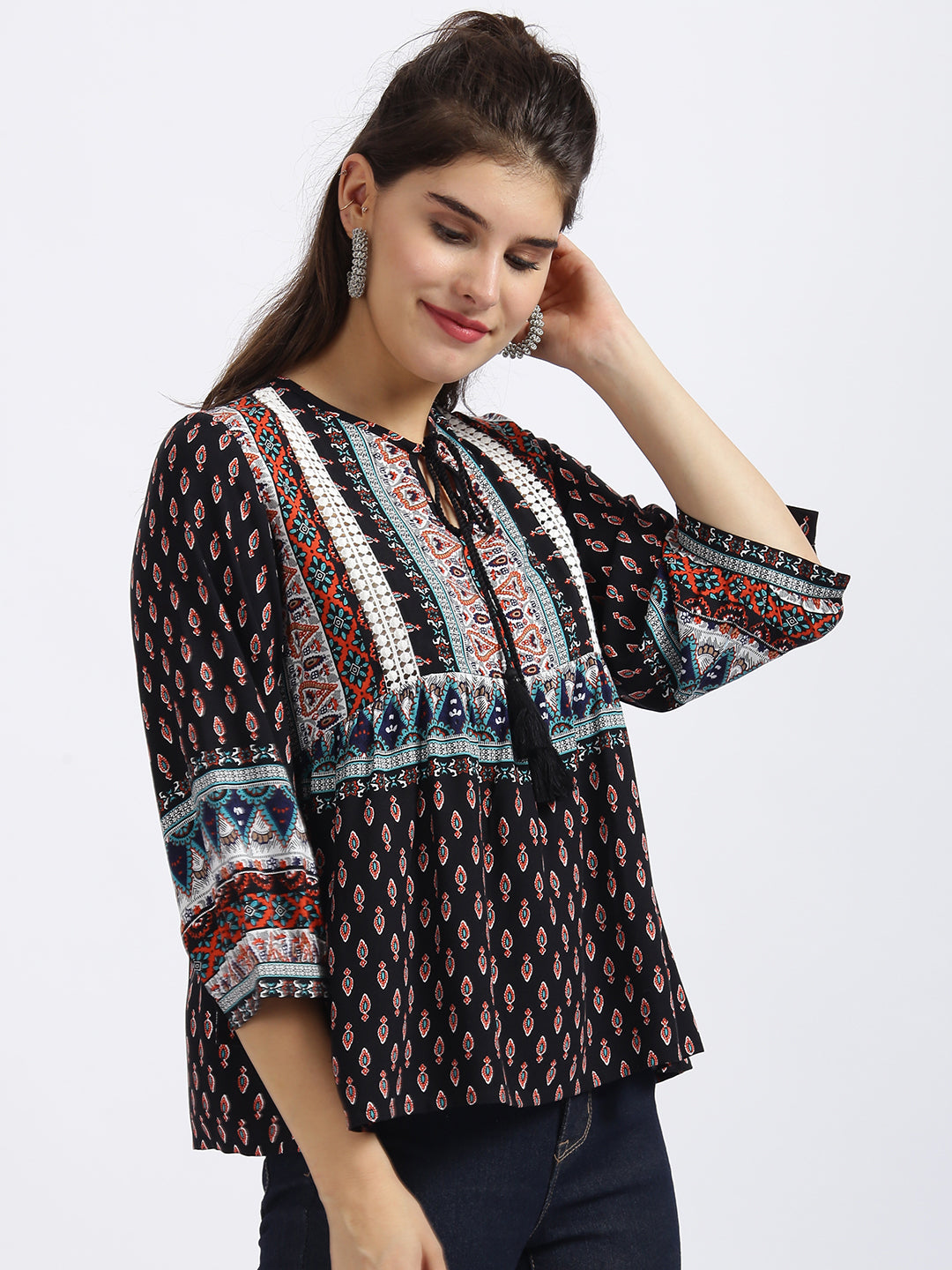 Black Tribal Print Gathered Top