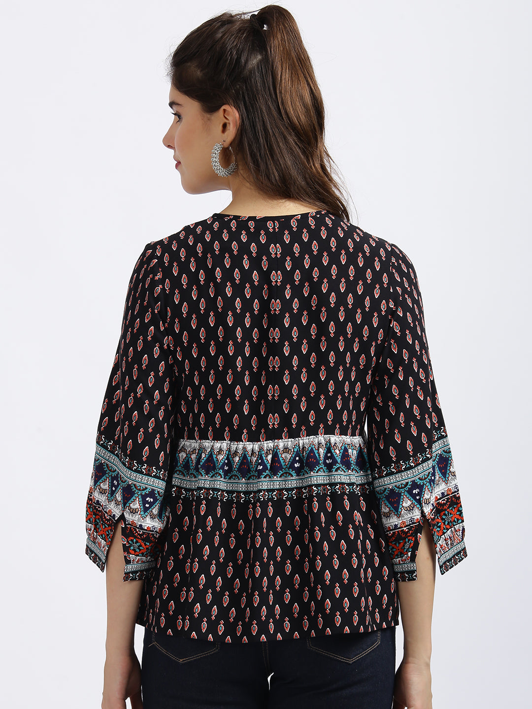 Black Tribal Print Gathered Top