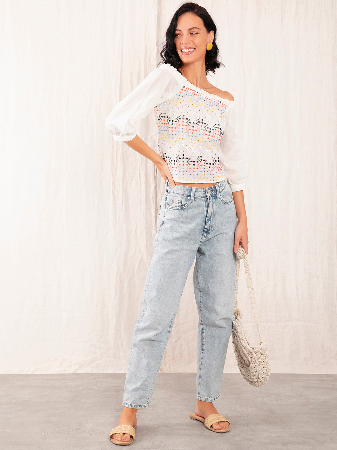 White Embroidered Regular Top