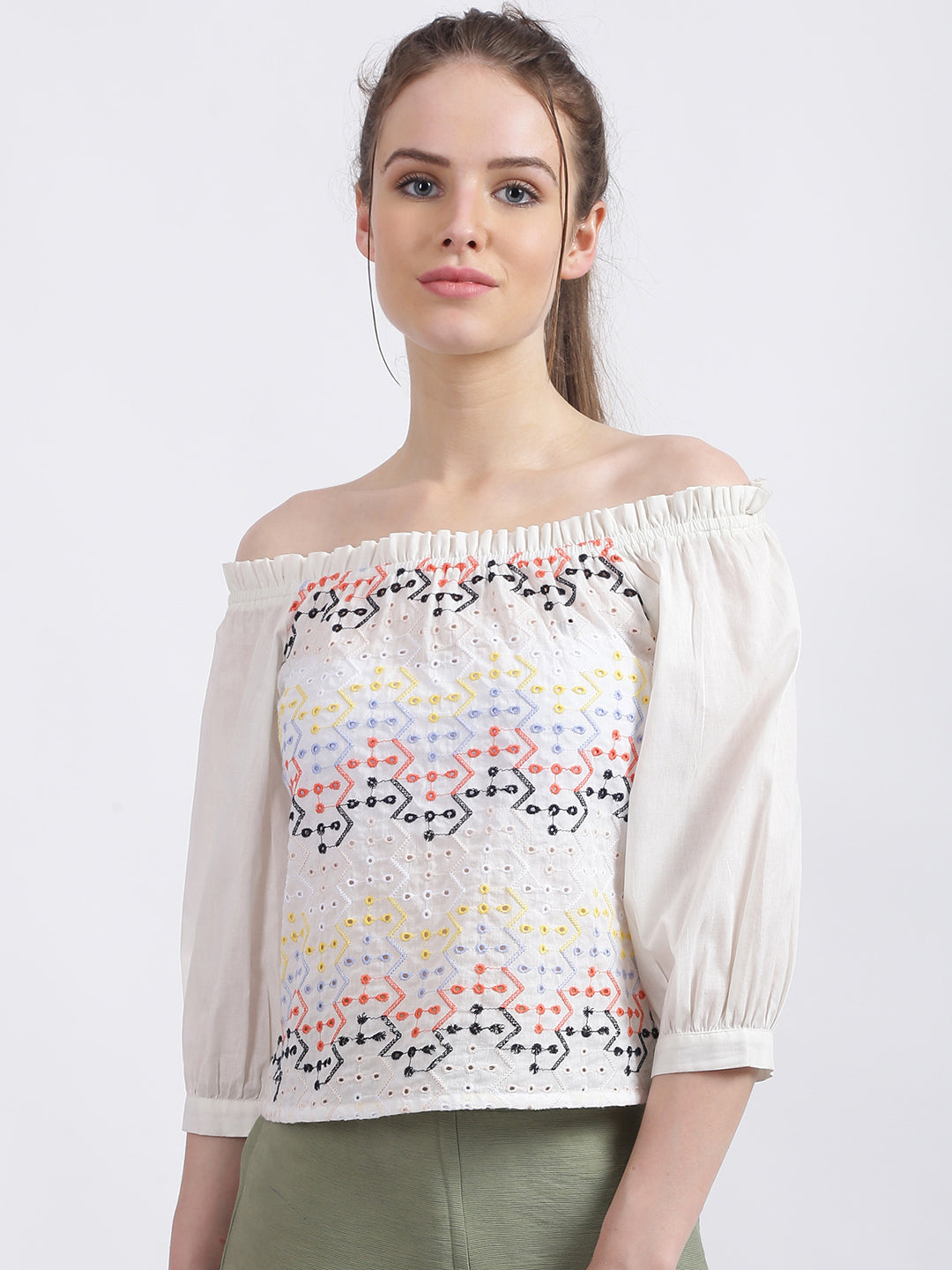 White Embroidered Regular Top