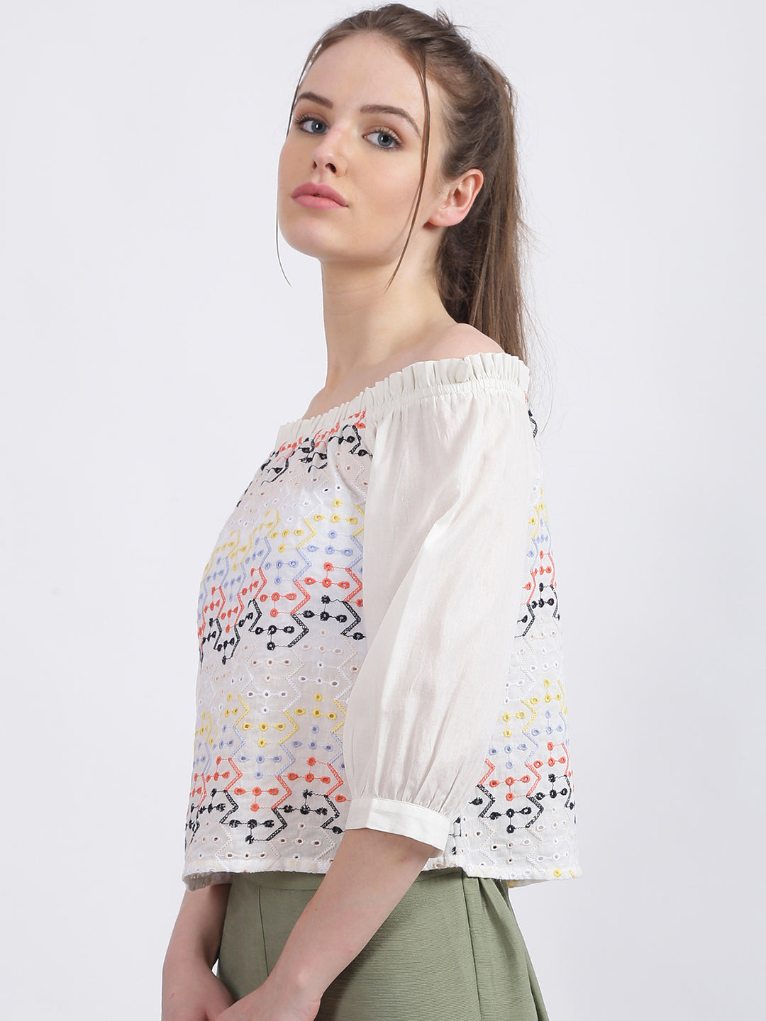 White Embroidered Regular Top