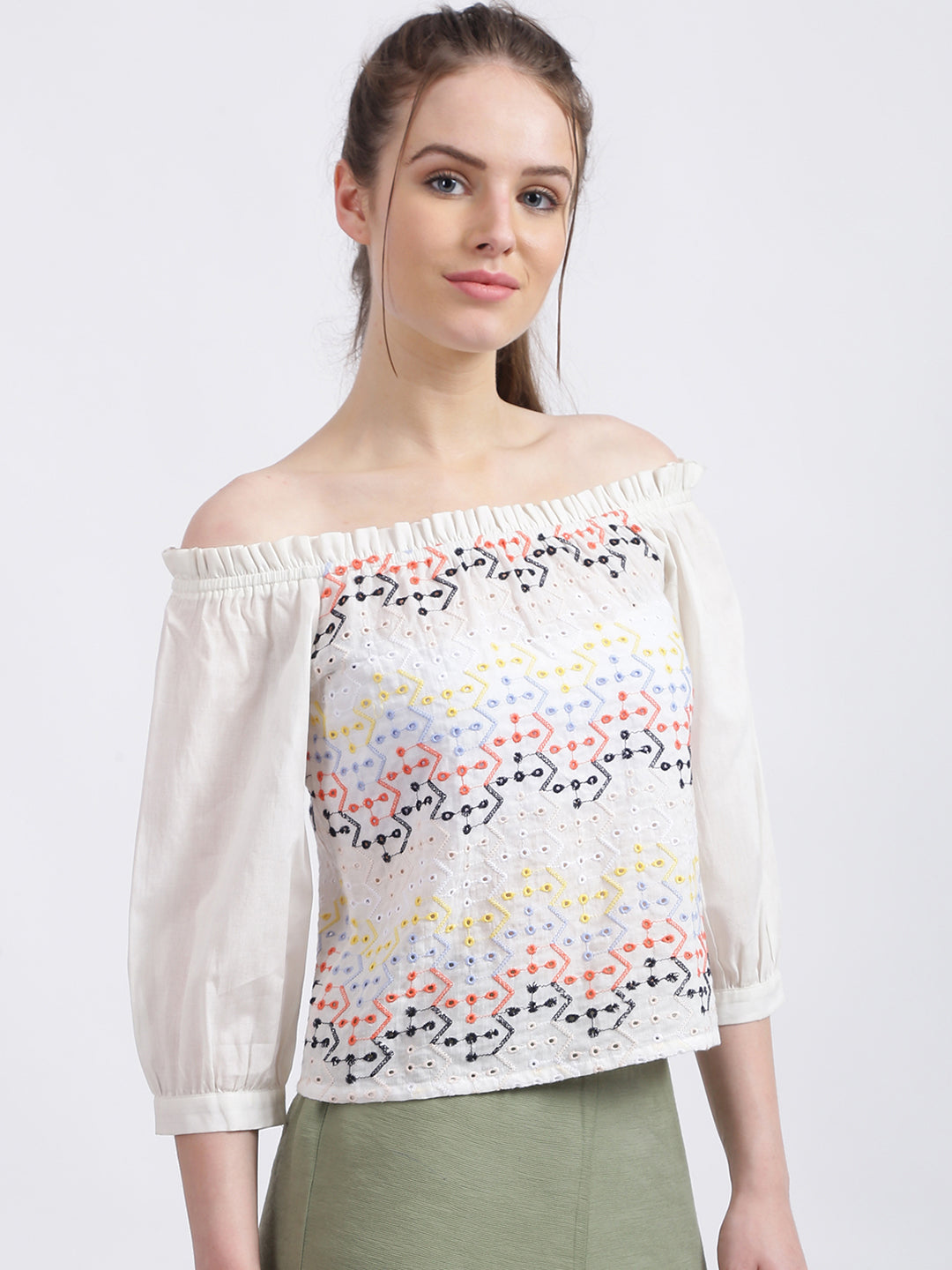 White Embroidered Regular Top