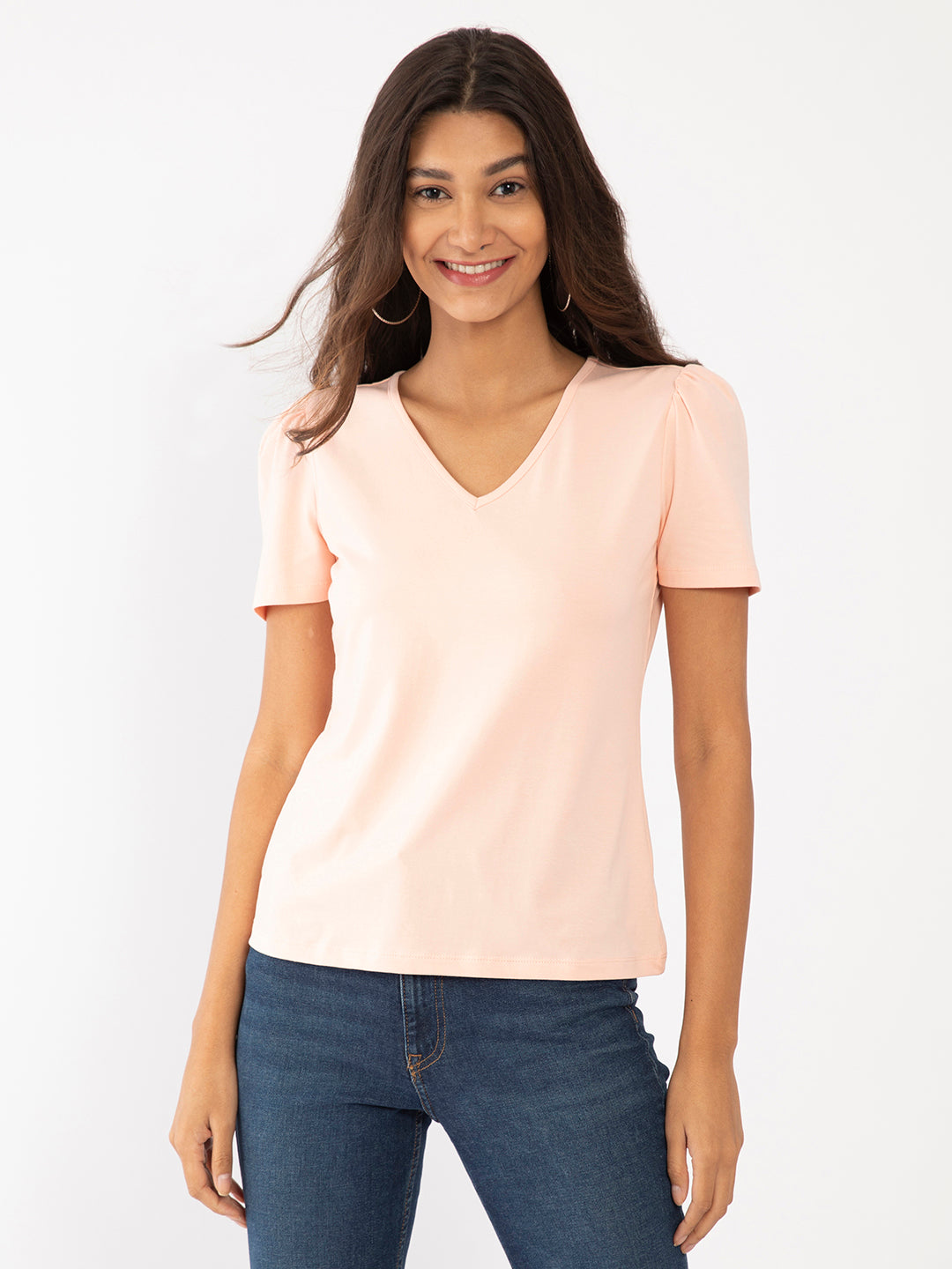 Peach Solid Puff Sleeve Top