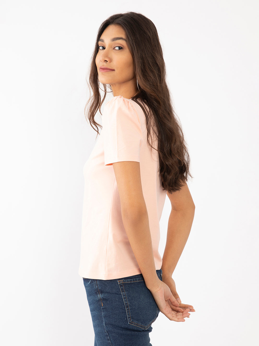 Peach Solid Puff Sleeve Top