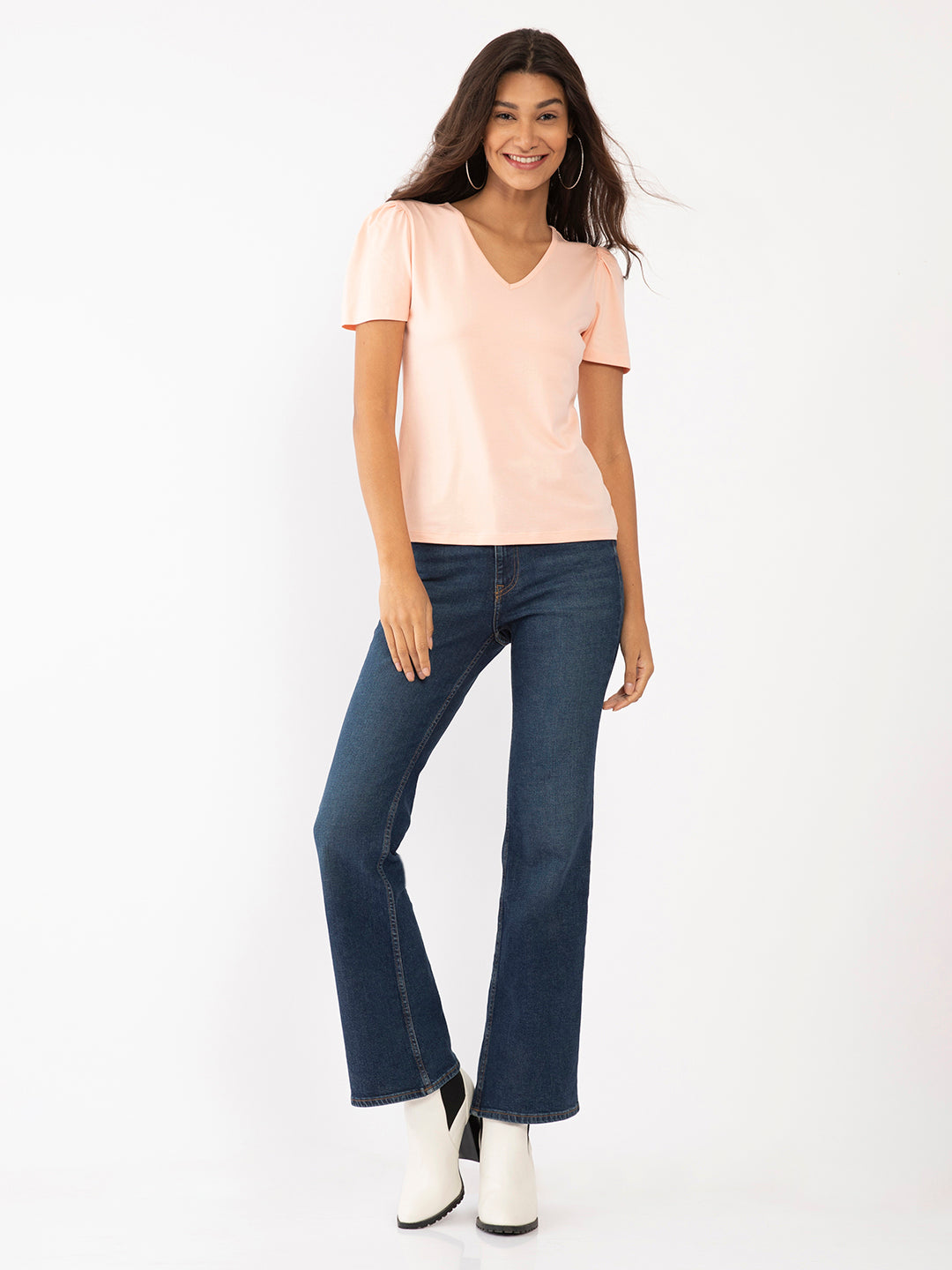 Peach Solid Puff Sleeve Top