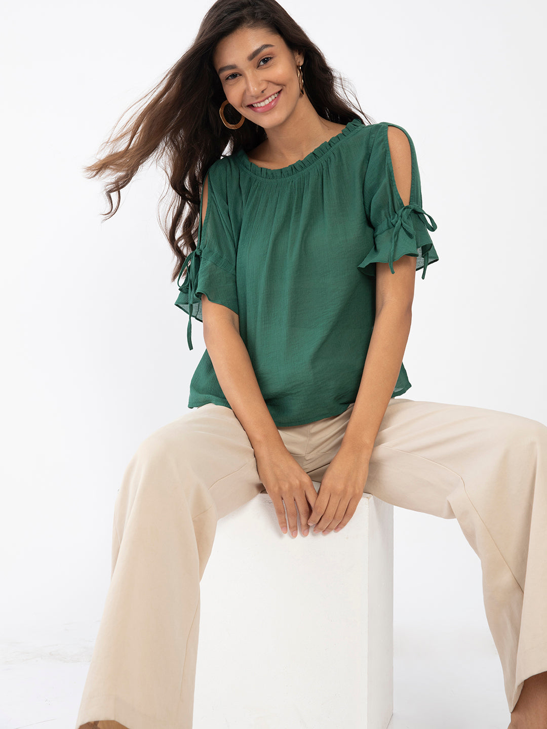 Green Solid Slit Sleeve Top