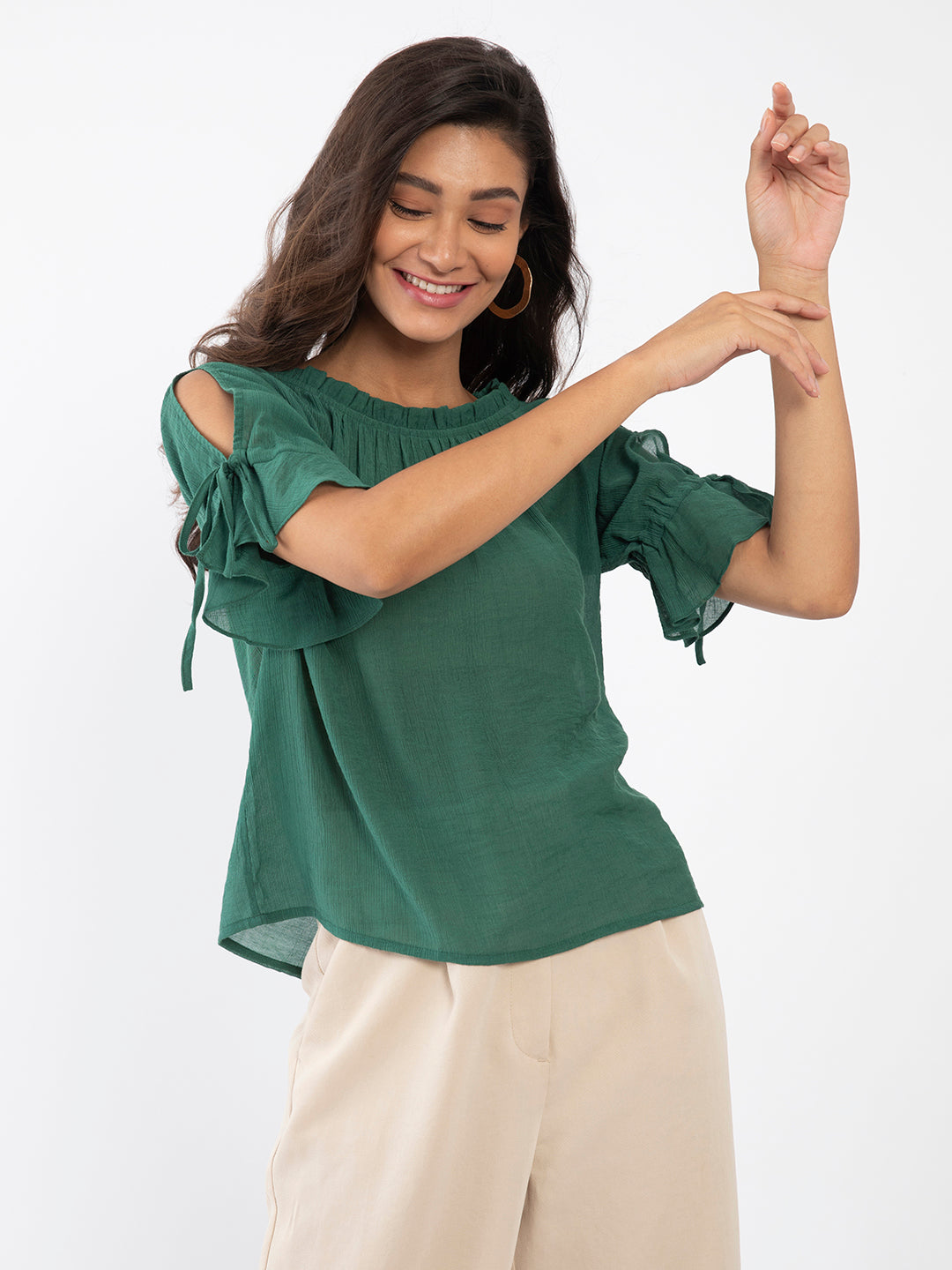 Green Solid Slit Sleeve Top For Women